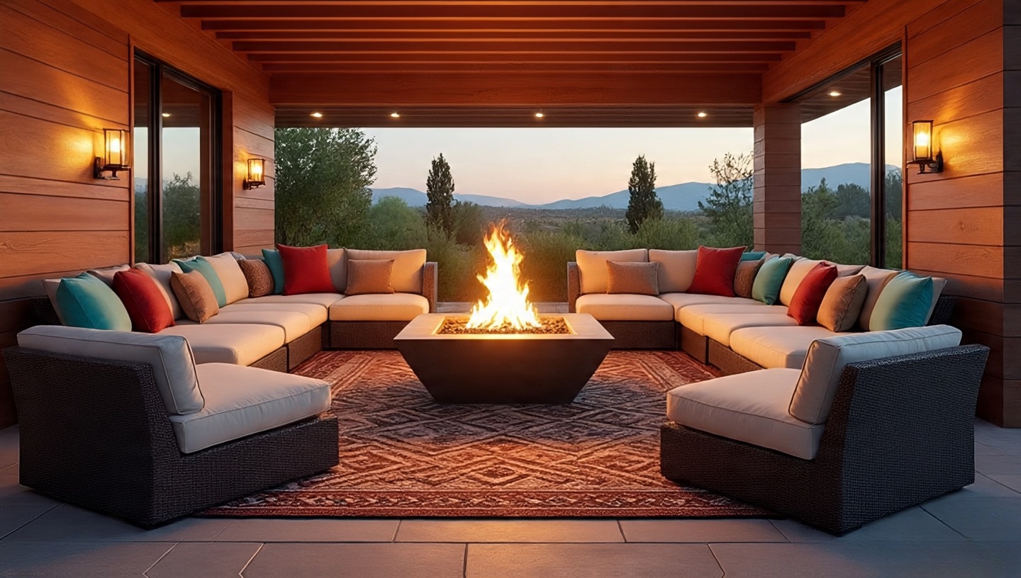 Semi-circle seating around a fire pit with rustic benches woven chairs and Navajo rug
