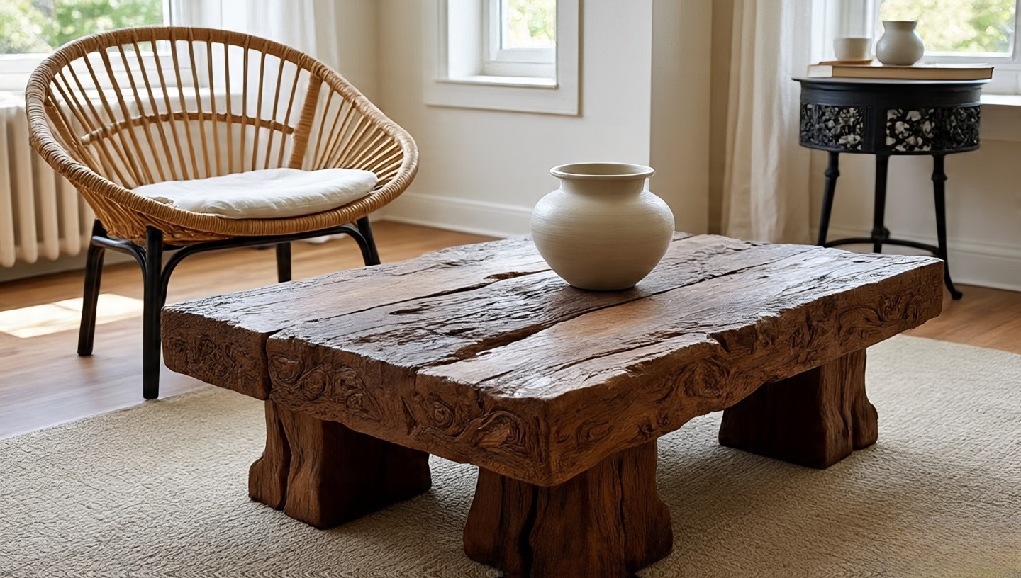 Balanced composition: heavy carved wood table with airy rattan chair, iron-legged side table, and white clay pot
