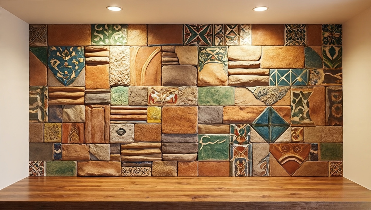 Southwestern kitchen focal wall with collage of Talavera tiles, stacked stone, and clay-toned ceramic behind a wooden countertop