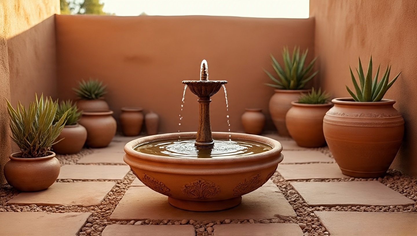 Small clay fountain with copper spout and stone basin surrounded by adobe walls and terracotta planters
