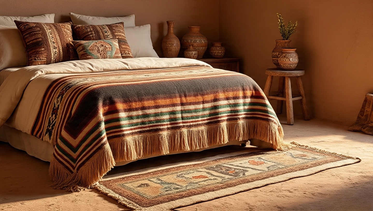 Authentic handwoven Navajo blanket on bed with handcrafted pottery and a woven rug in an adobe-textured bedroom corner