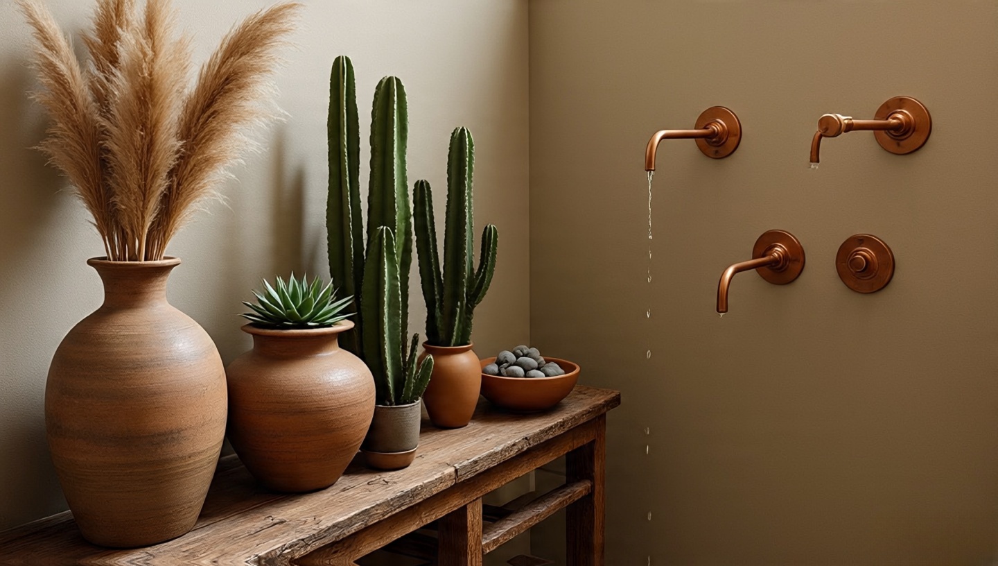 Desert plants in clay pottery with pampas grass and copper fixtures in Southwestern bathroom corner
