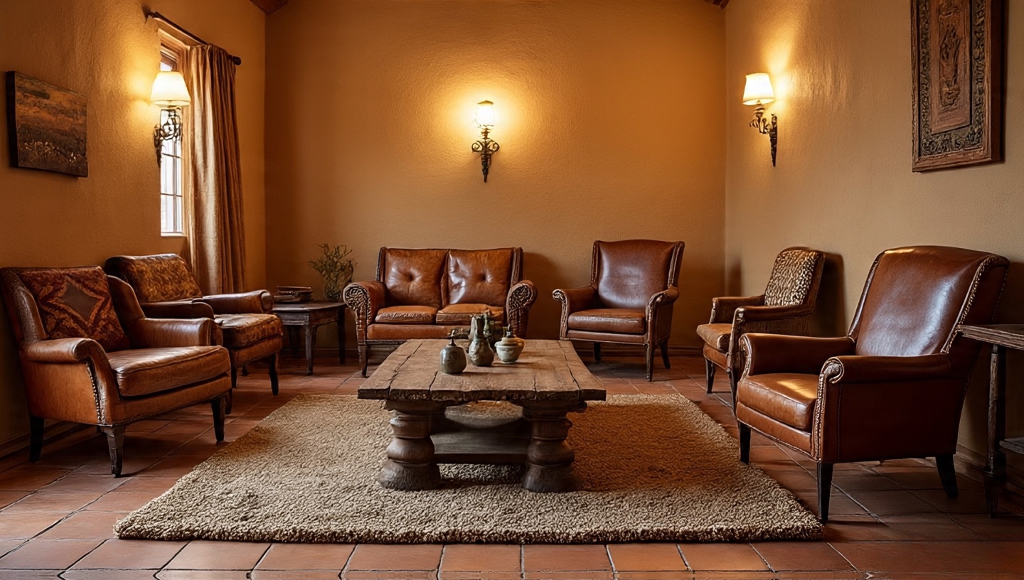 Warm Southwestern living room with terracotta floor, sand-colored stucco walls, mesquite coffee table, and mismatched leather chairs
