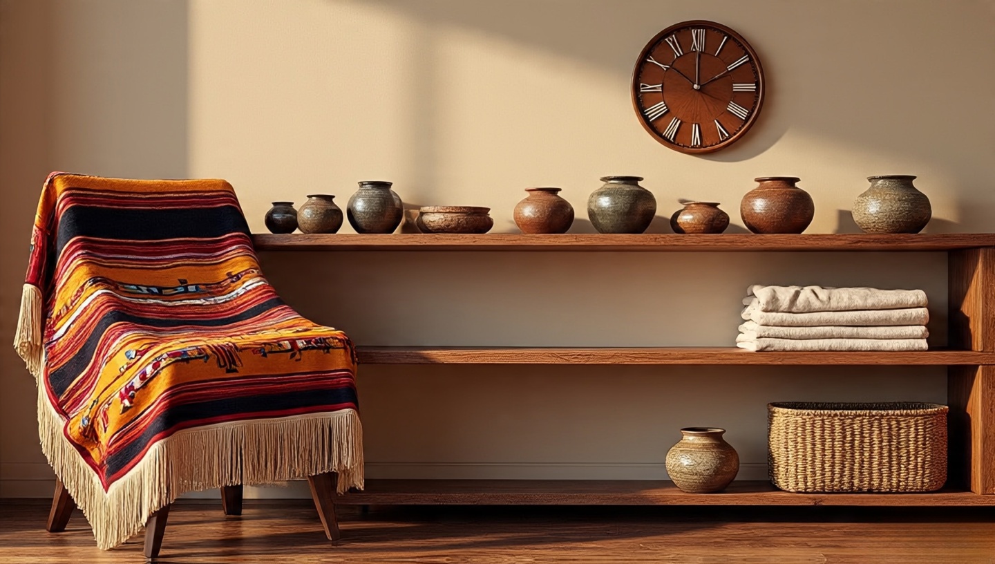 Minimal, intentional accessories: Navajo textile, rustic ceramic pottery, vintage mid-century clock, and woven baskets for storage