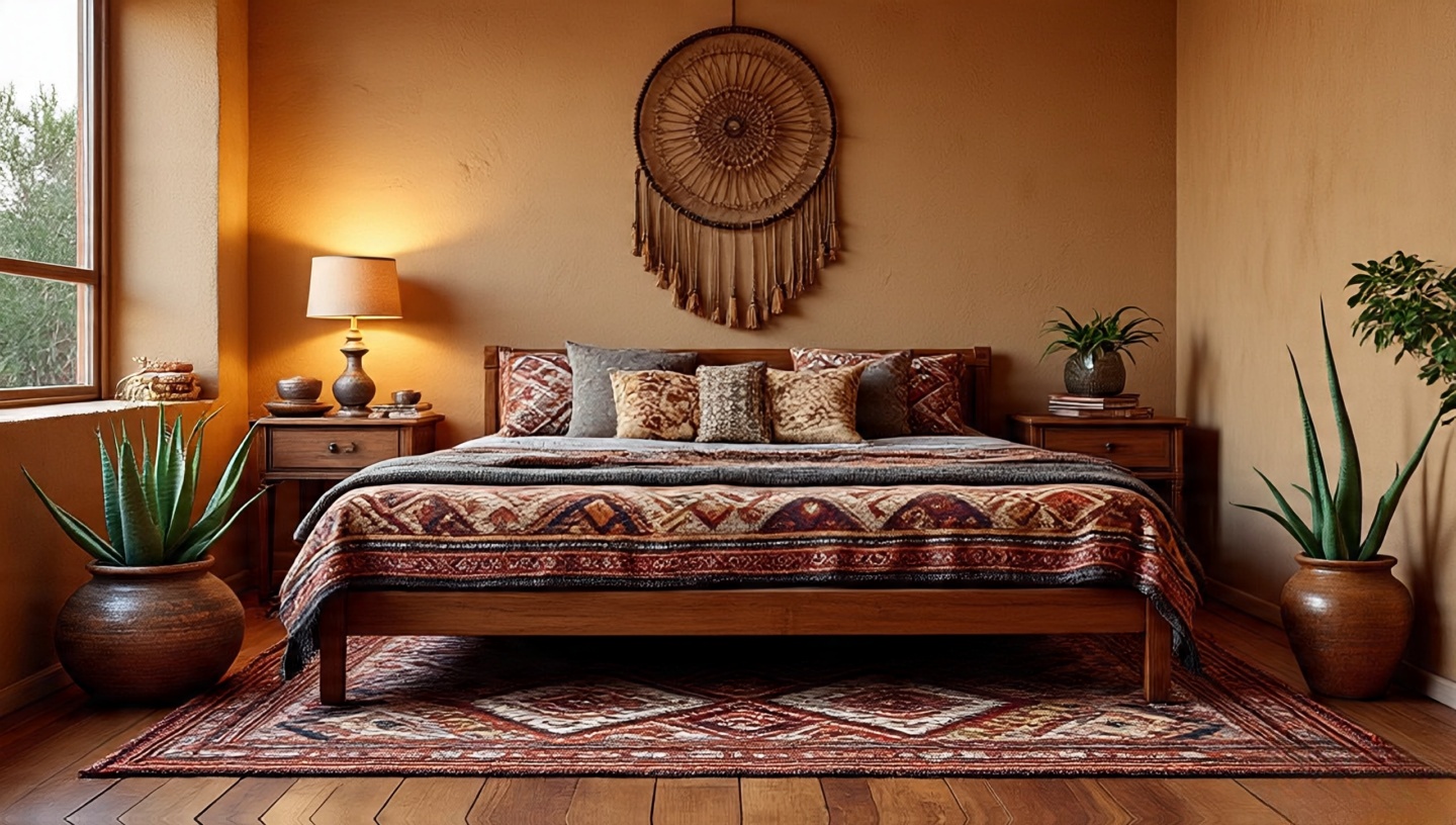 Boho Southwestern bedroom with layered rugs, dreamcatcher, clay pots with aloe and snake plants