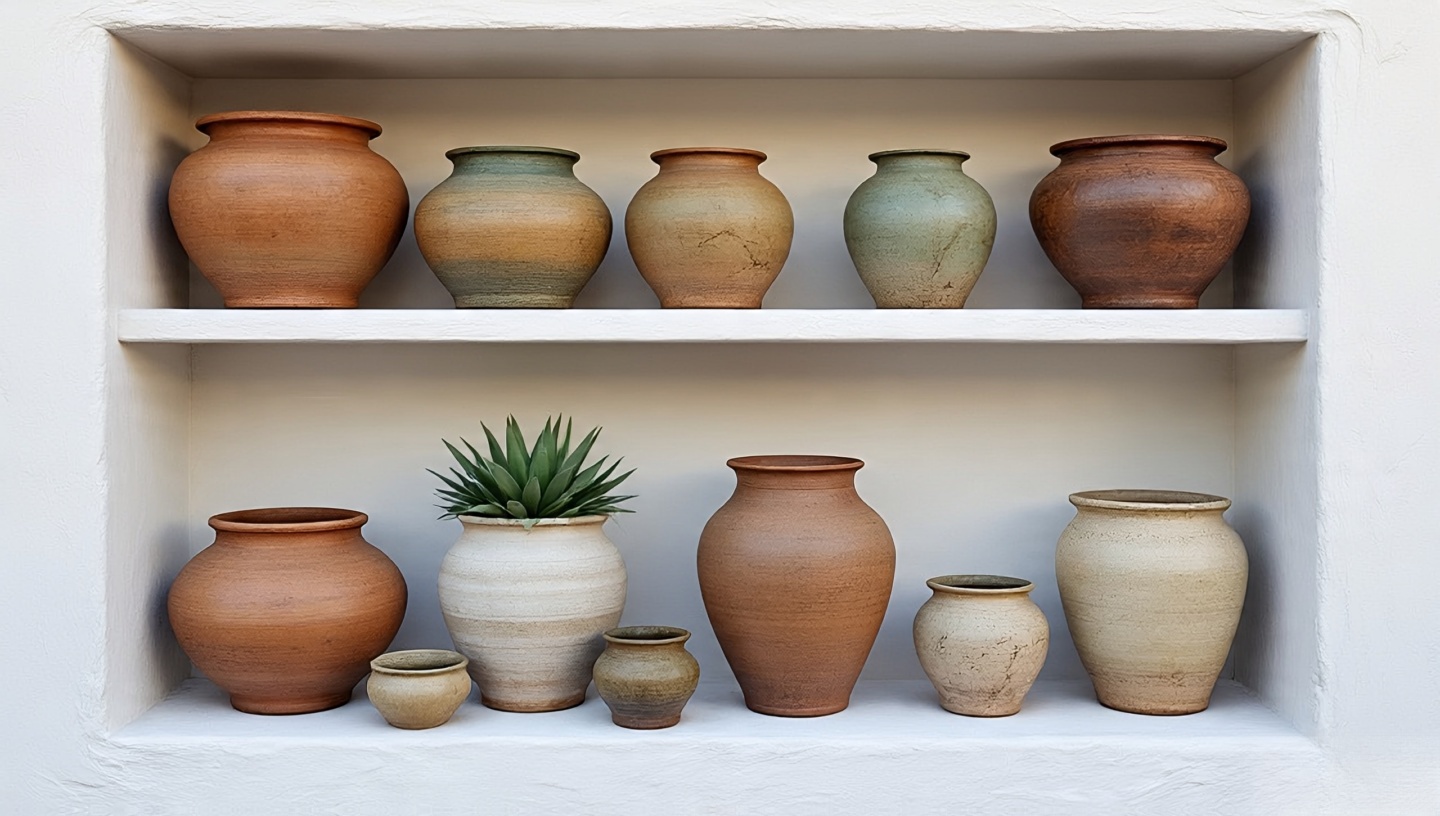 Clay pottery collection with succulents in built-in niche showcasing aged terracotta pots with natural imperfections