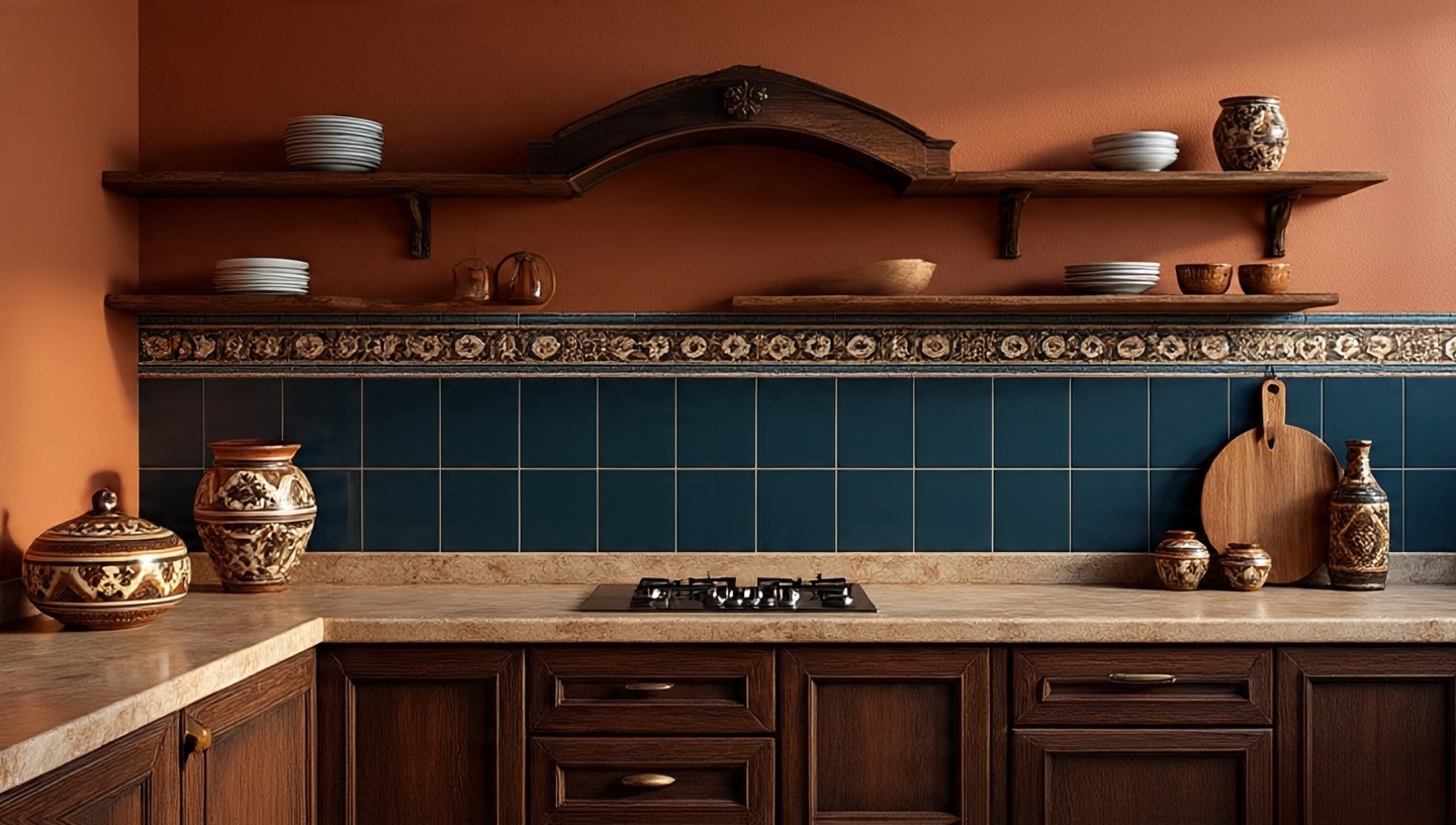 Southwestern kitchen color palette with terracotta walls, dark wood cabinets, cobalt blue tile backsplash, and beige stone counters