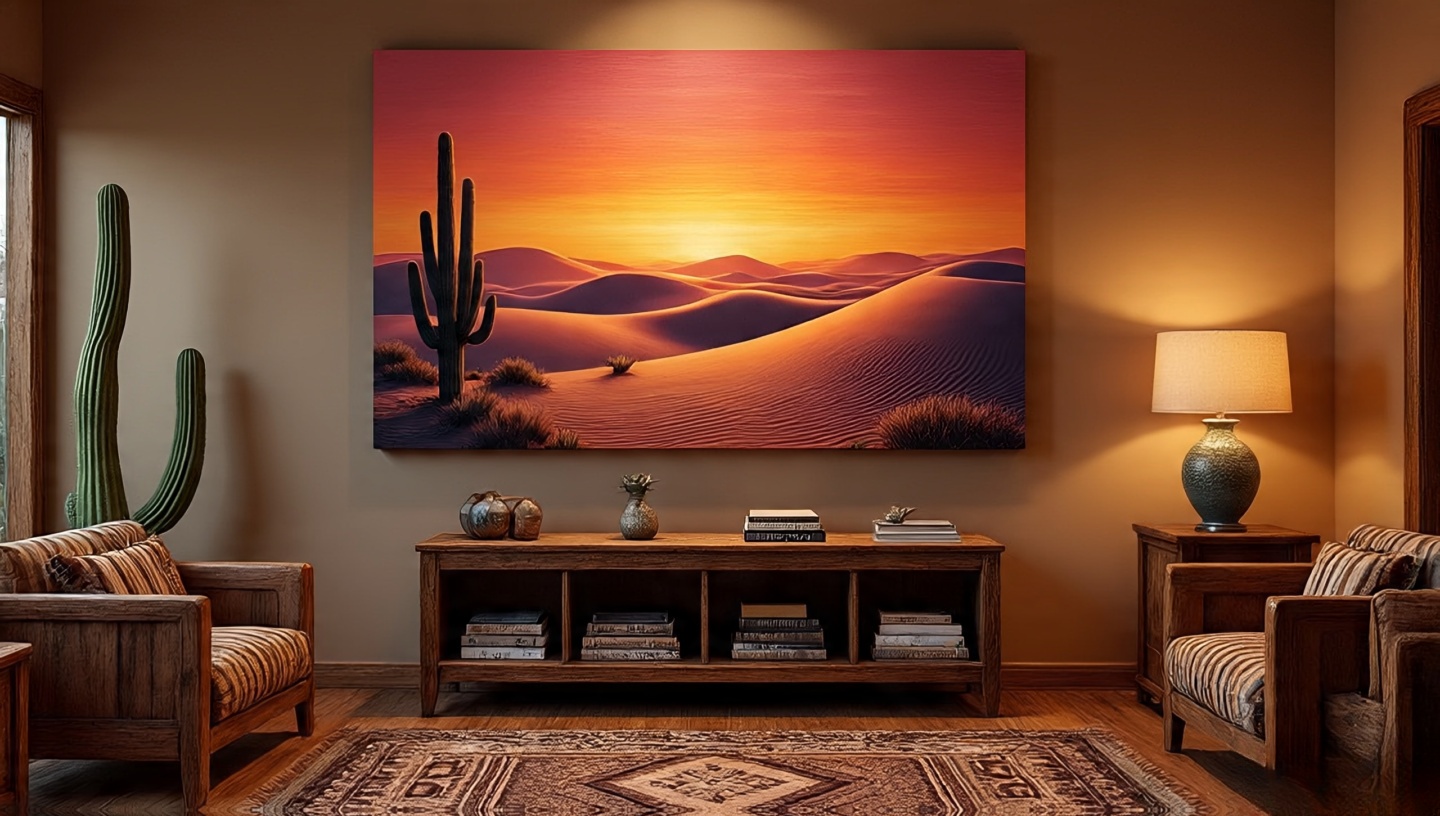 Desert landscape artwork featuring cacti and mesas displayed on Southwestern textured wall