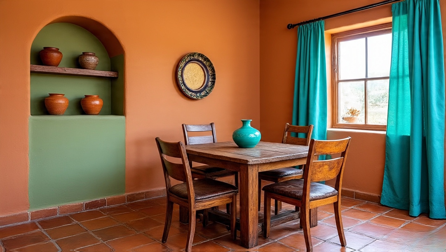 Vibrant Southwestern dining room showcasing a desert-inspired color palette with terracotta, sage, and turquoise accents