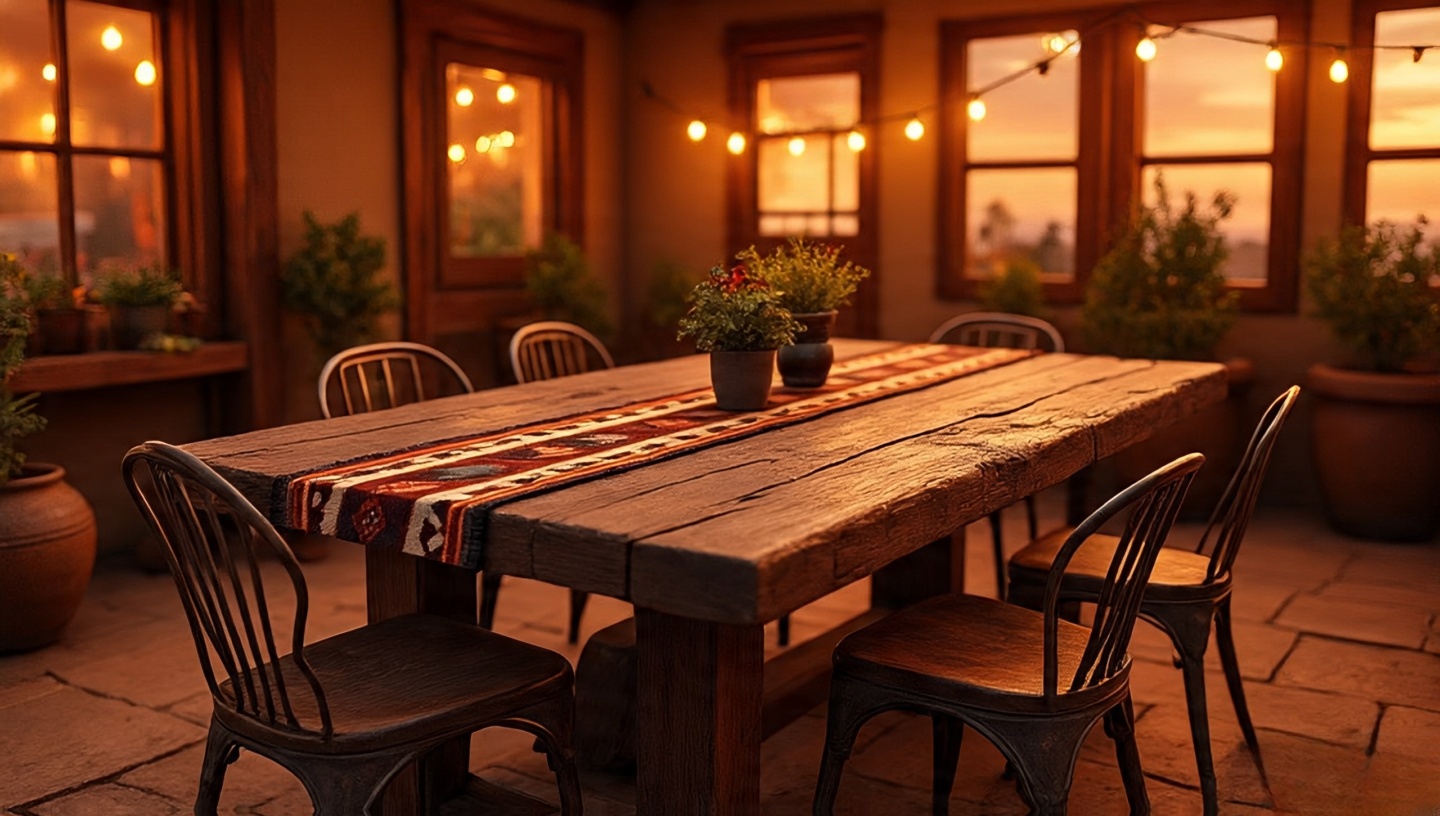 Rustic Southwestern patio dining set with wooden table and wrought iron chairs