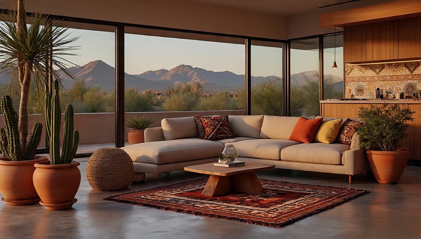 Contemporary Southwestern interior with floor-to-ceiling glass polished concrete and Navajo rug
