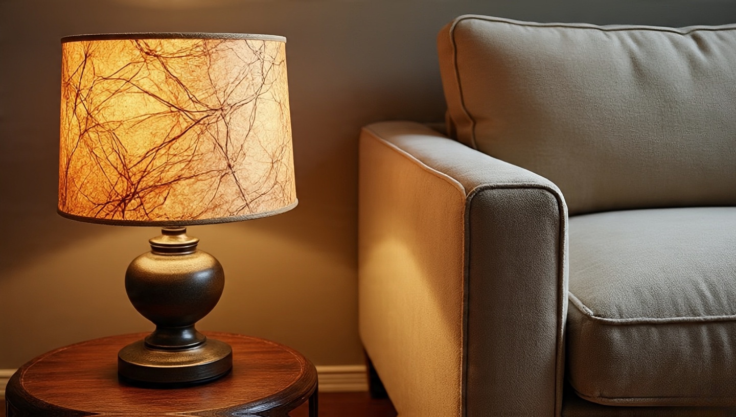 Interior living room vignette with a table lamp featuring a soft, golden rawhide lampshade