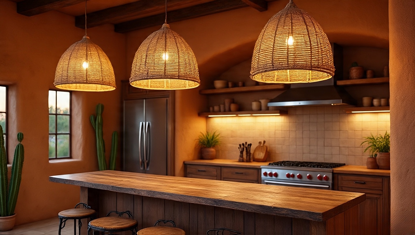 Southwestern kitchen with rustic rattan pendant lights and modern LED lighting