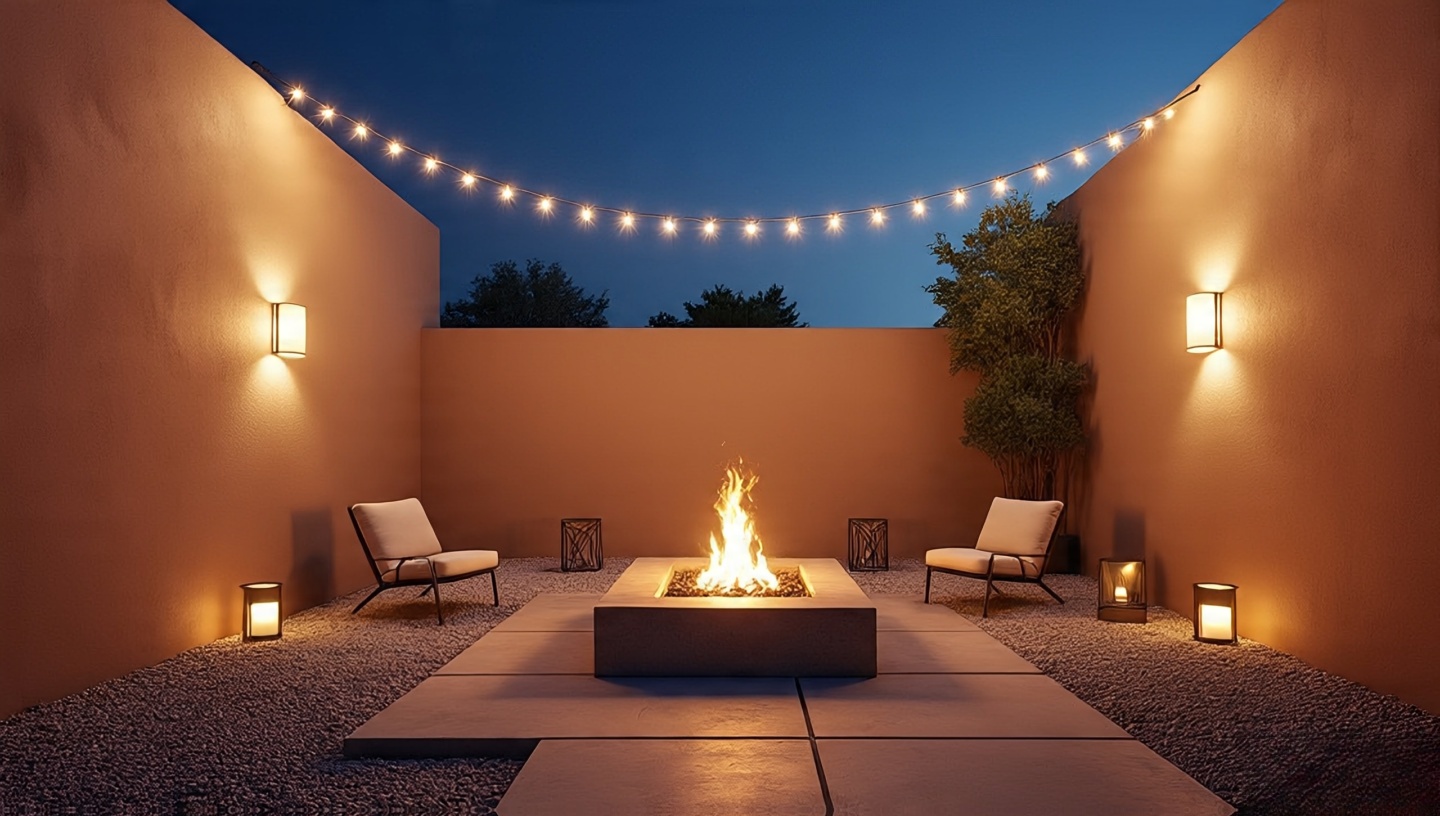 Layered outdoor lighting with string lights clay sconces and lanterns around a fire pit