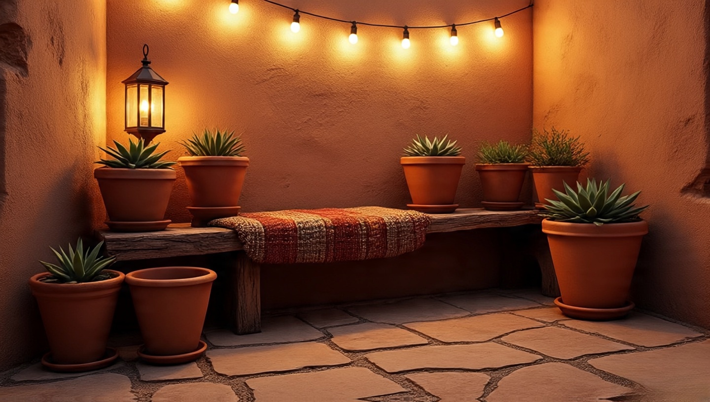 Southwestern patio details with amber string lights, mismatched terracotta pots, rustic wooden bench, and stone-tile flooring