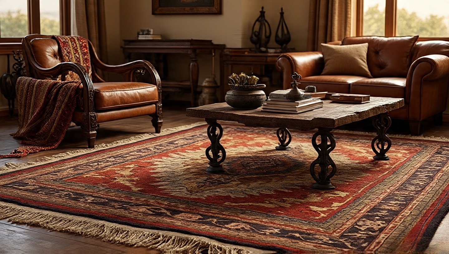 Southwestern rugs paired with reclaimed wood furniture and wrought iron accents in a rustic living room