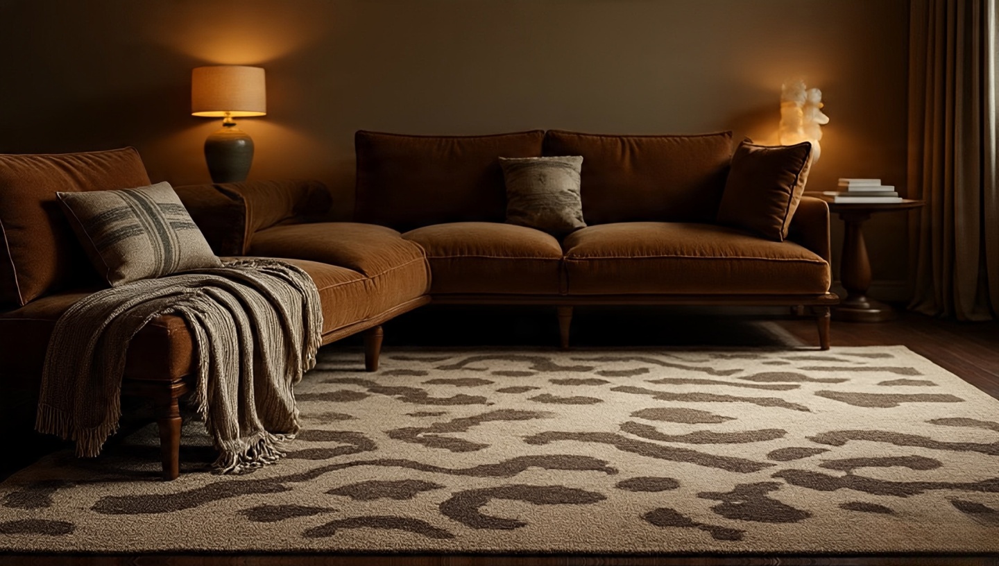 Textile hierarchy: one hero rug, two subtle supporting patterns, and calm solid fabrics across seating
