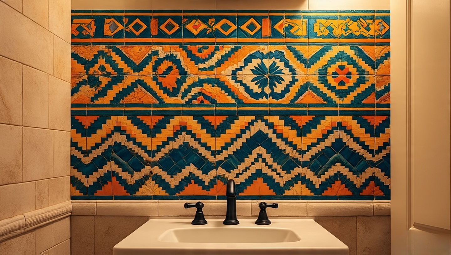 Vanity backsplash with bold Talavera-style geometric tiles balanced by neutral sandstone walls