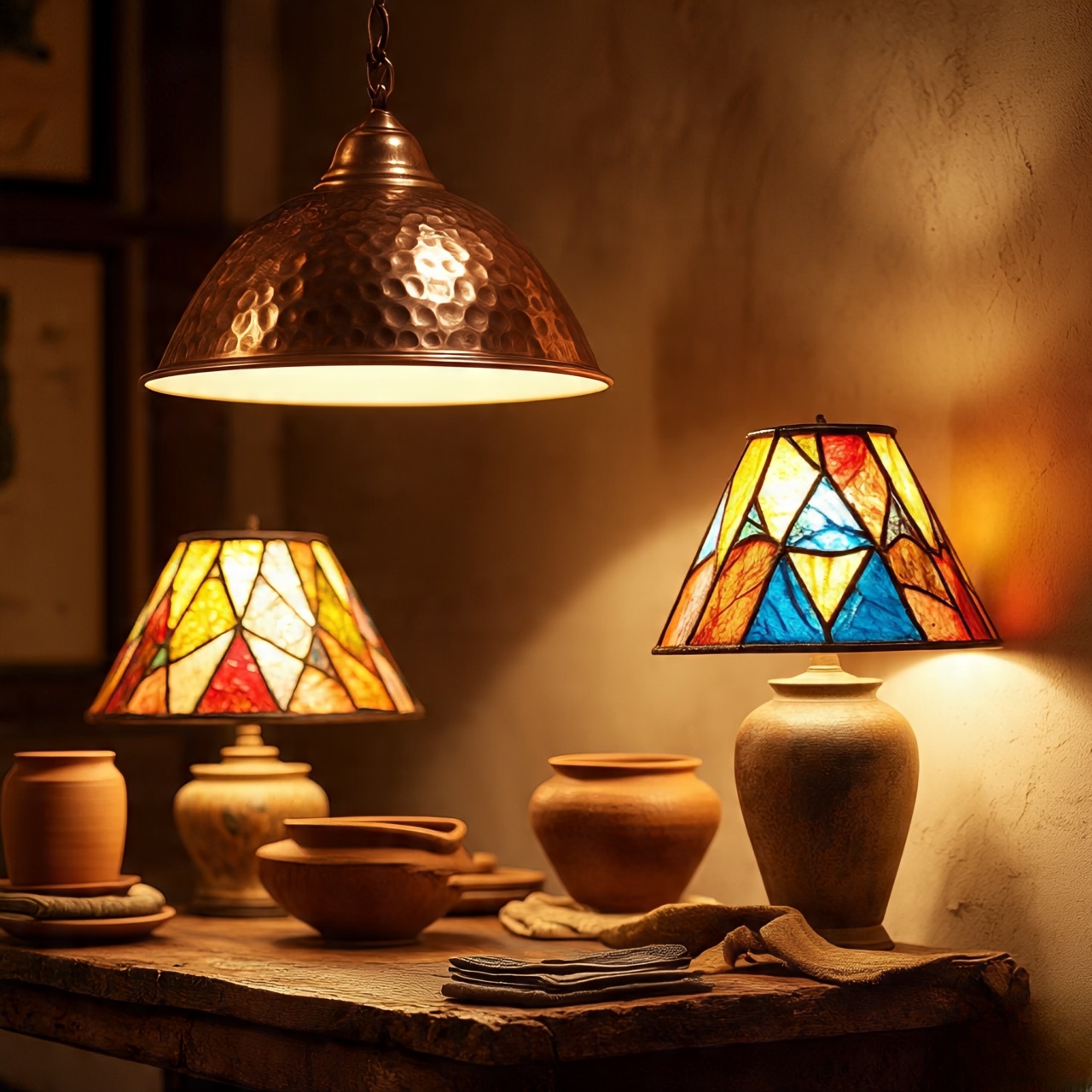 Terracotta, hammered copper, and stained glass used to reflect and diffuse warm Southwestern lighting
