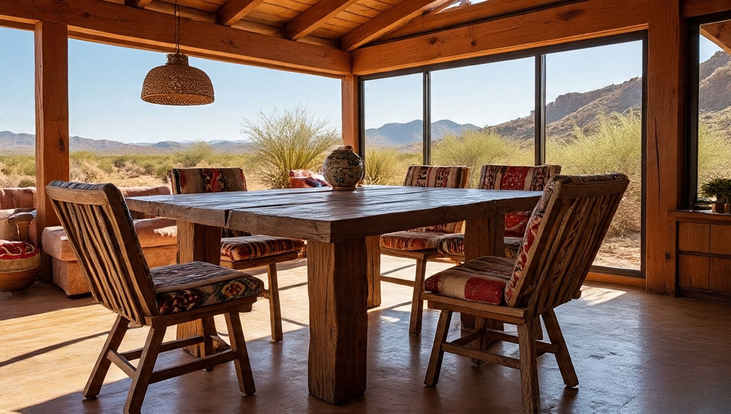Chunky rustic wooden dining table in a Southwestern style dining room with natural imperfections