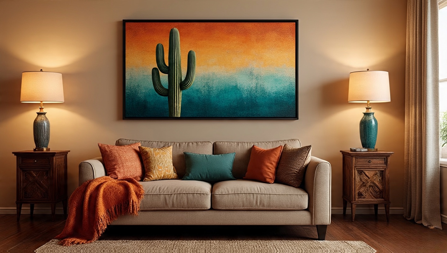 Gallery wall with desert landscapes, stylized cacti and geometric prints in mixed frames