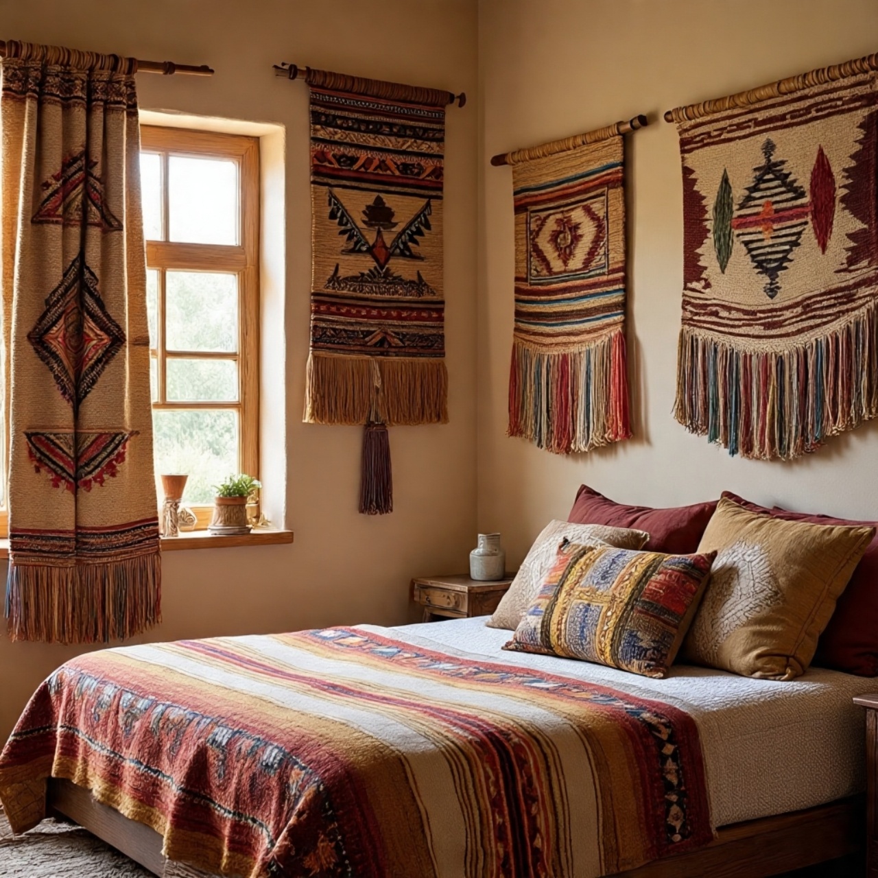 Boho Southwestern bedroom with woven wall hanging decor
