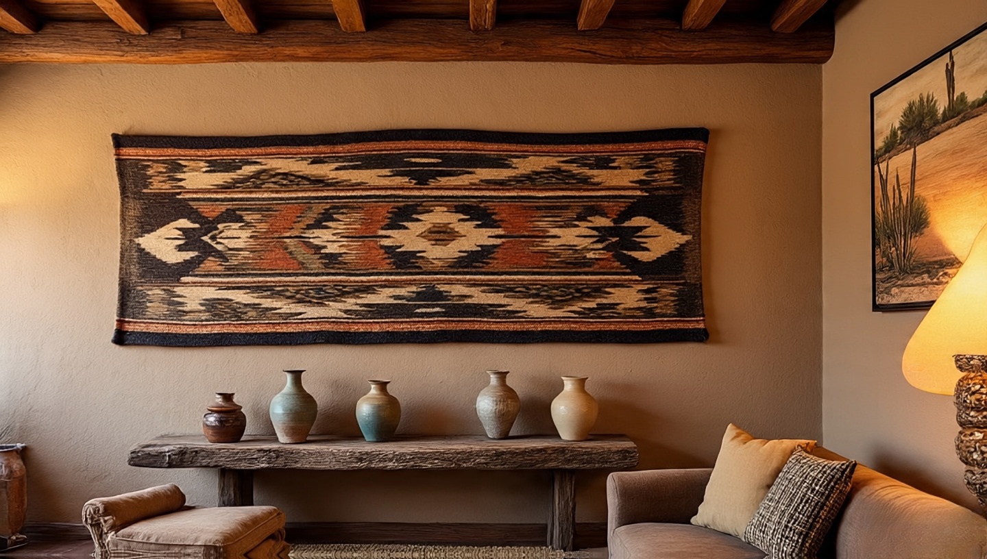 Rustic Southwestern wall with stucco finish, exposed wooden beam detail, Pueblo Revival tapestry, and reclaimed wood console with ceramic vases