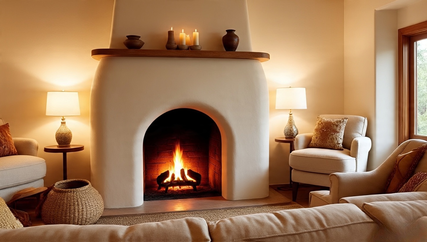 Rounded kiva fireplace with simple mantel decor in Southwestern living room