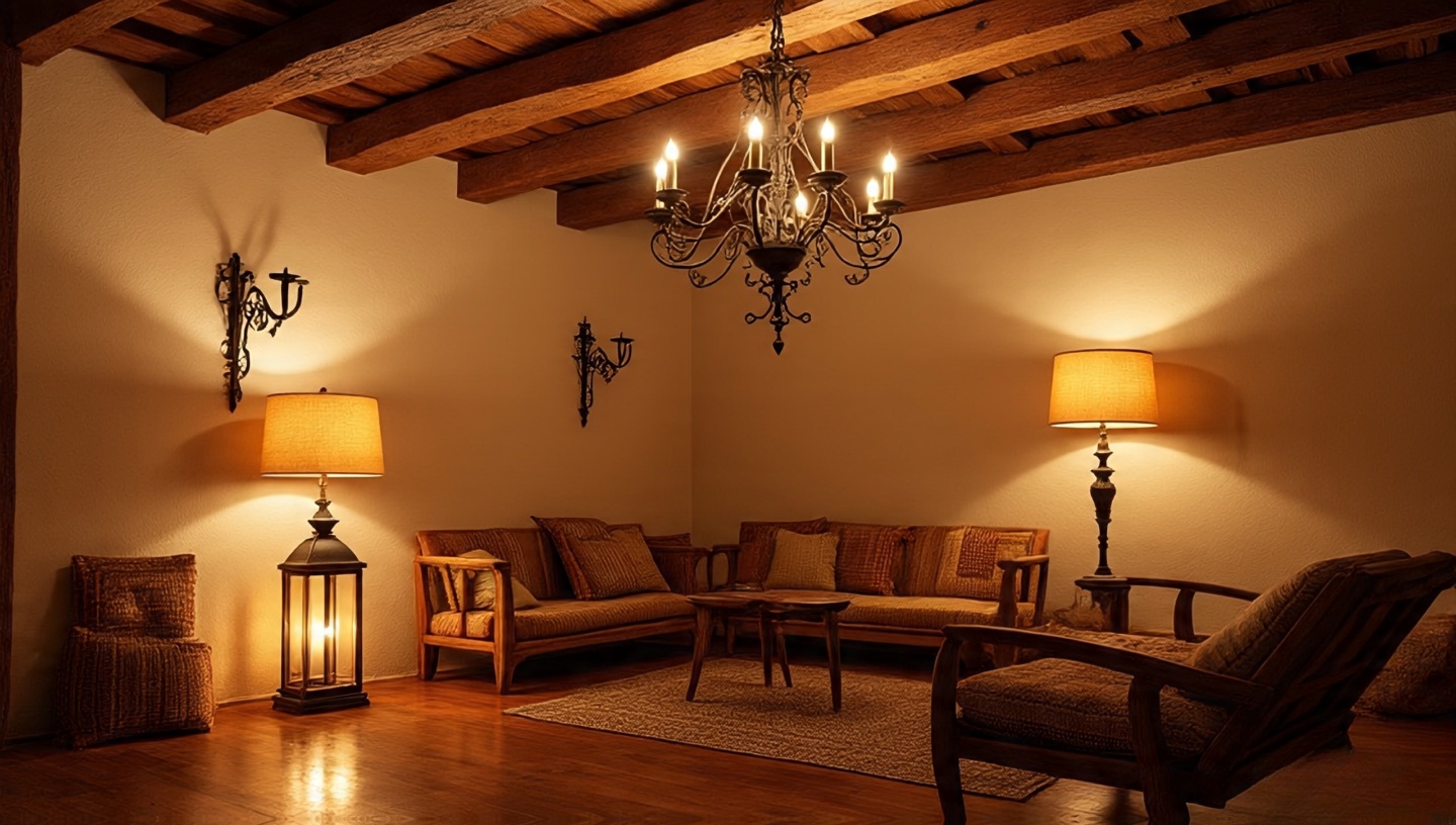 Wrought-iron chandelier and lantern sconces casting warm glow over rustic Southwestern furniture