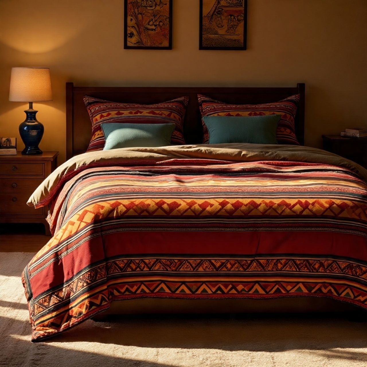 Southwestern style bed with bold geometric patterned bedding
