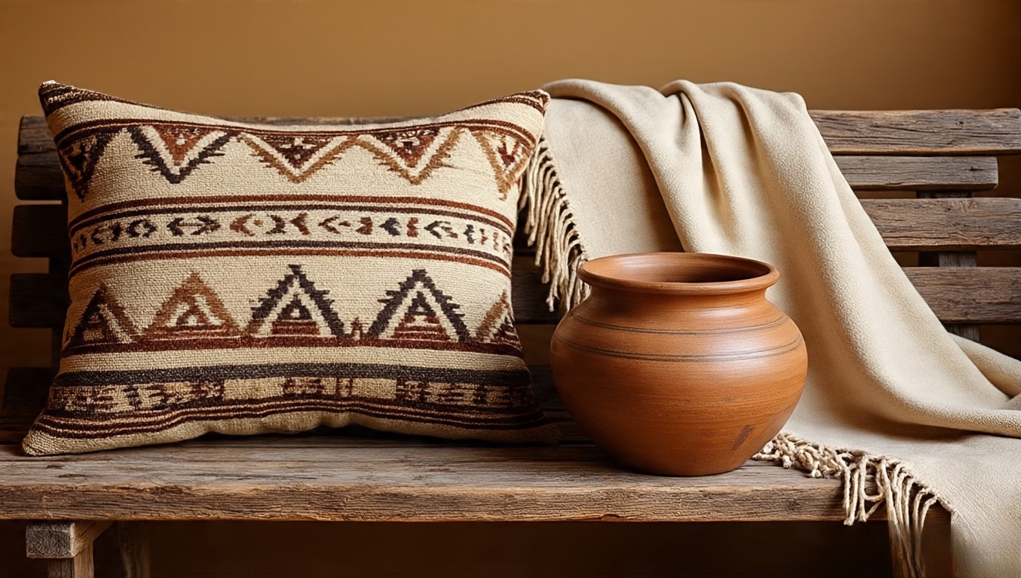Authentic Native-made textile and clay pottery arranged on a rustic bench, emphasizing provenance over replicas
