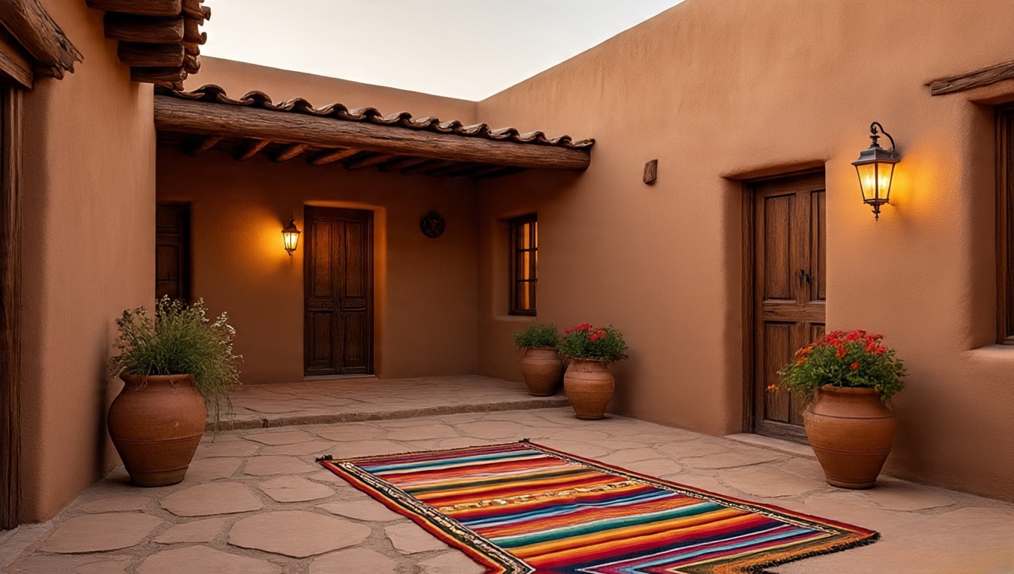 Traditional Pueblo Revival courtyard with thick adobe walls, vigas beams, Navajo-style rug, clay planters, and stone pathway