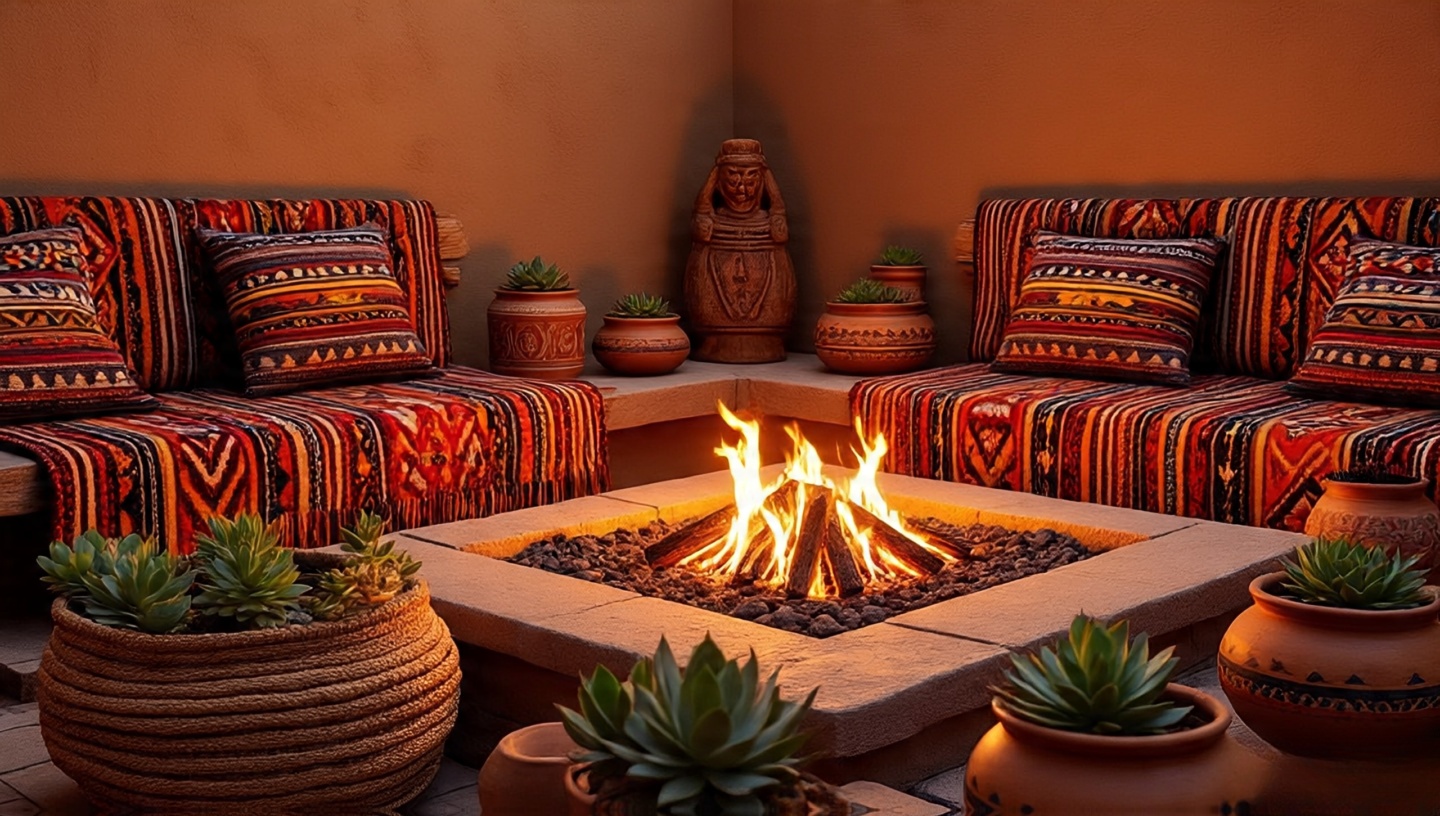 Desert-inspired decor with pottery tribal blankets woven baskets and succulents arranged around a fire pit