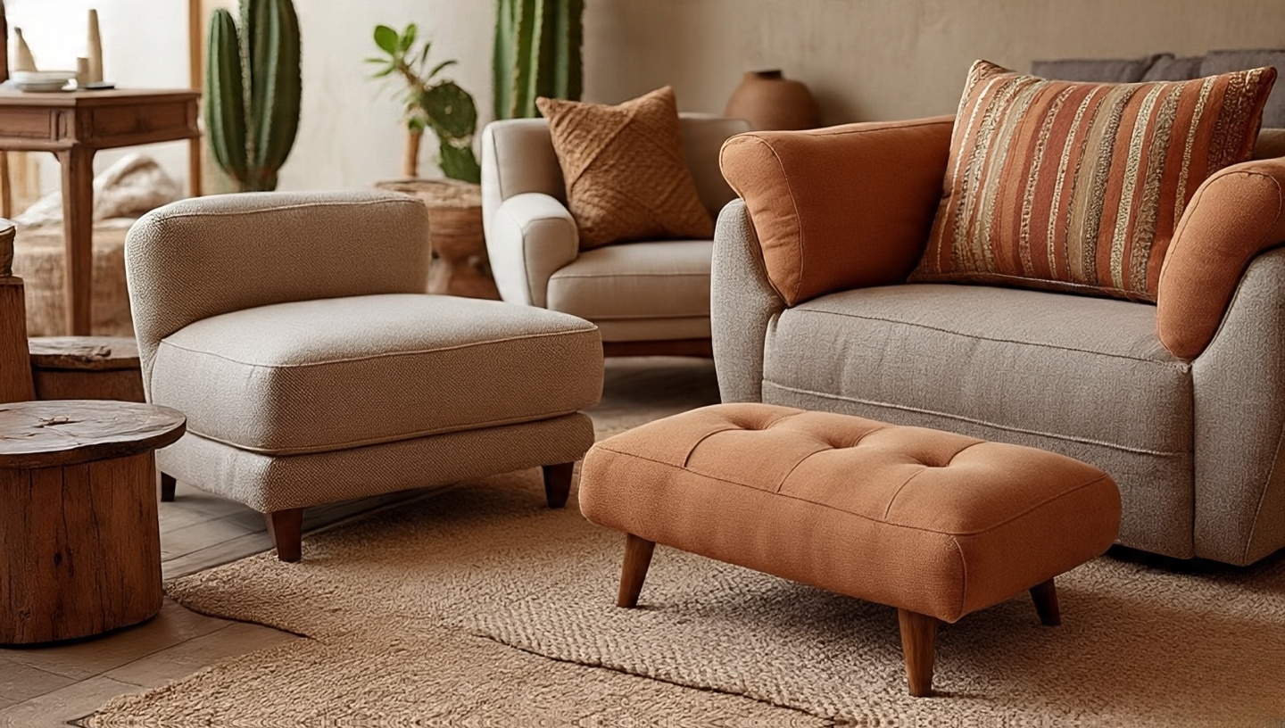 Desert inspired accent chair with rounded back and earthy tones in a Southwestern living room