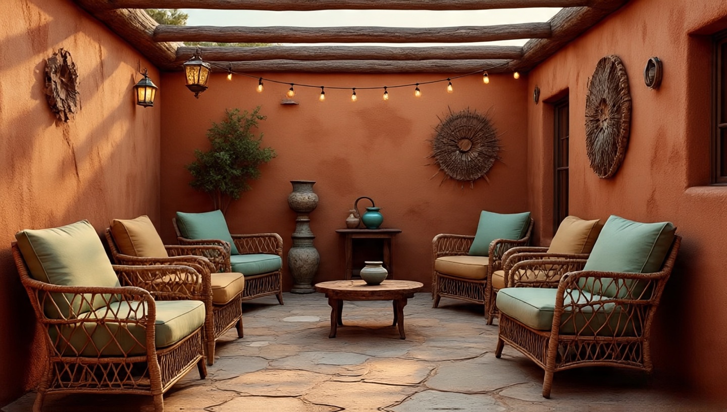 Earthy Southwestern color palette with terracotta, turquoise and sand tones in patio decor