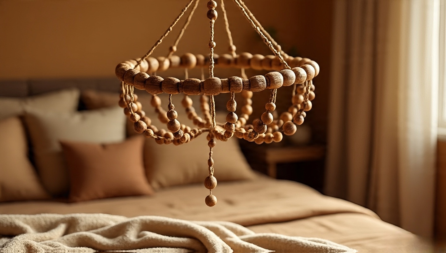 Intimate bedroom scene with a clay-beaded chandelier cascading over a bed with adobe walls