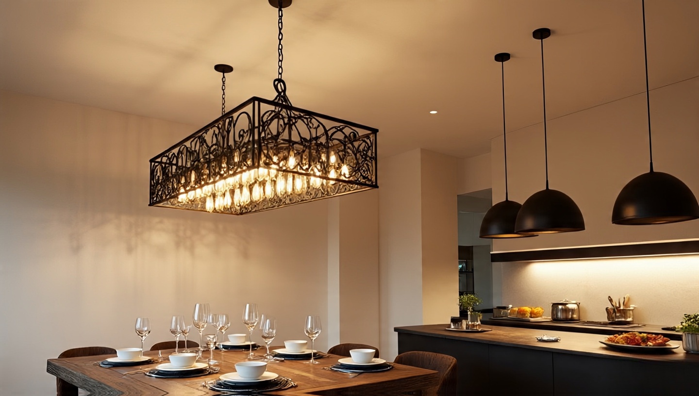 Southwestern dining area with wrought iron chandelier and matte-black pendant lights creating warm atmospheric lighting