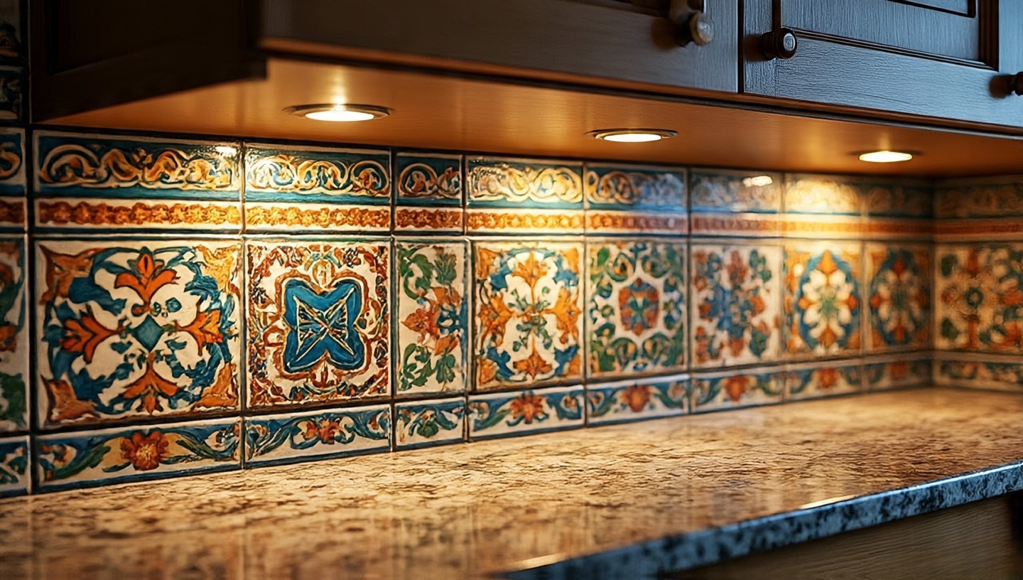 Close-up of copper outlet covers on Talavera tile backsplash with dark grout and warm under-cabinet lighting over rough stone and polished granite