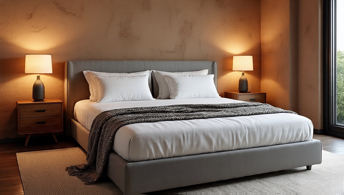 Memory foam mattress topped with a linen duvet and patterned wool throw, raw wood nightstands and adobe wall for modern-meets-rustic balance
