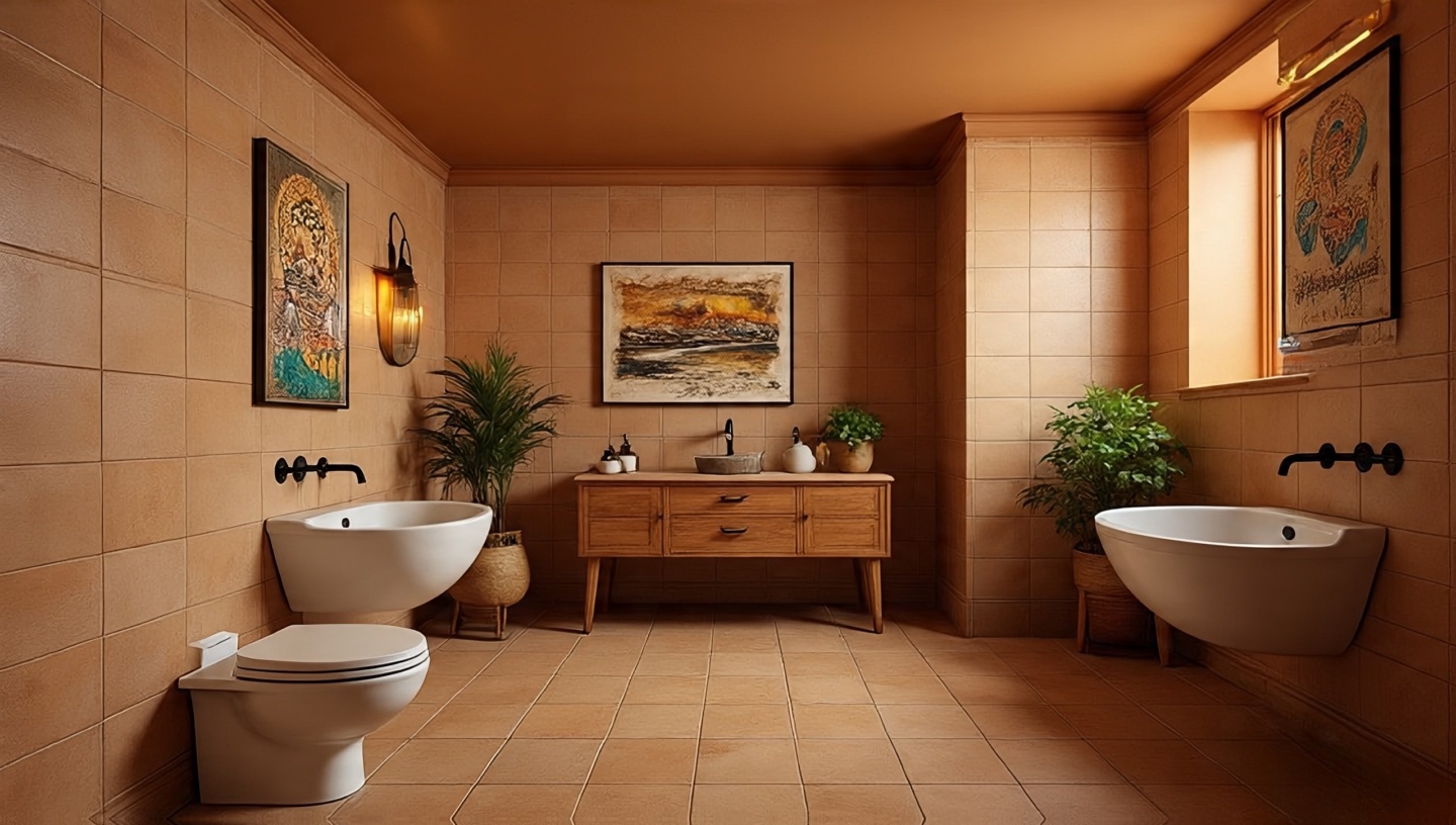 Southwestern bathroom mixing porcelain terracotta-look tiles, matte wall tiles, varied sizes, and sand-colored grout