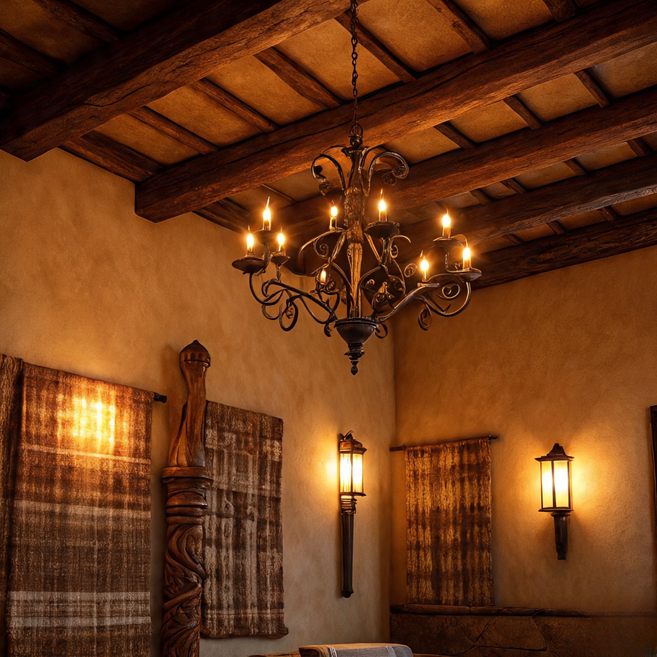 Wrought iron chandelier and carved wood lamps as Southwestern lighting fixtures with character