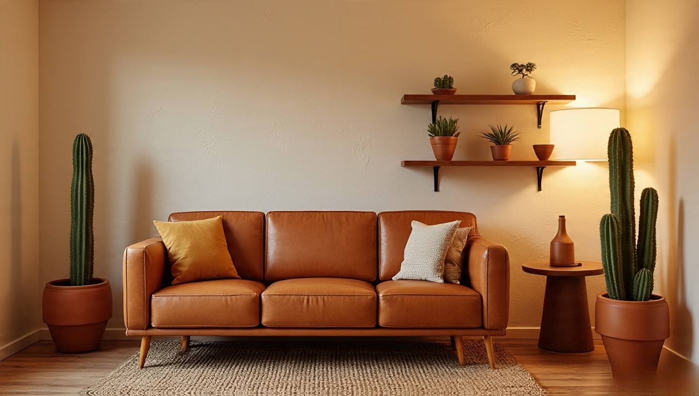 Small apartment living room with plaster-textured walls, compact walnut sofa, terracotta side tables, and layered woven rugs