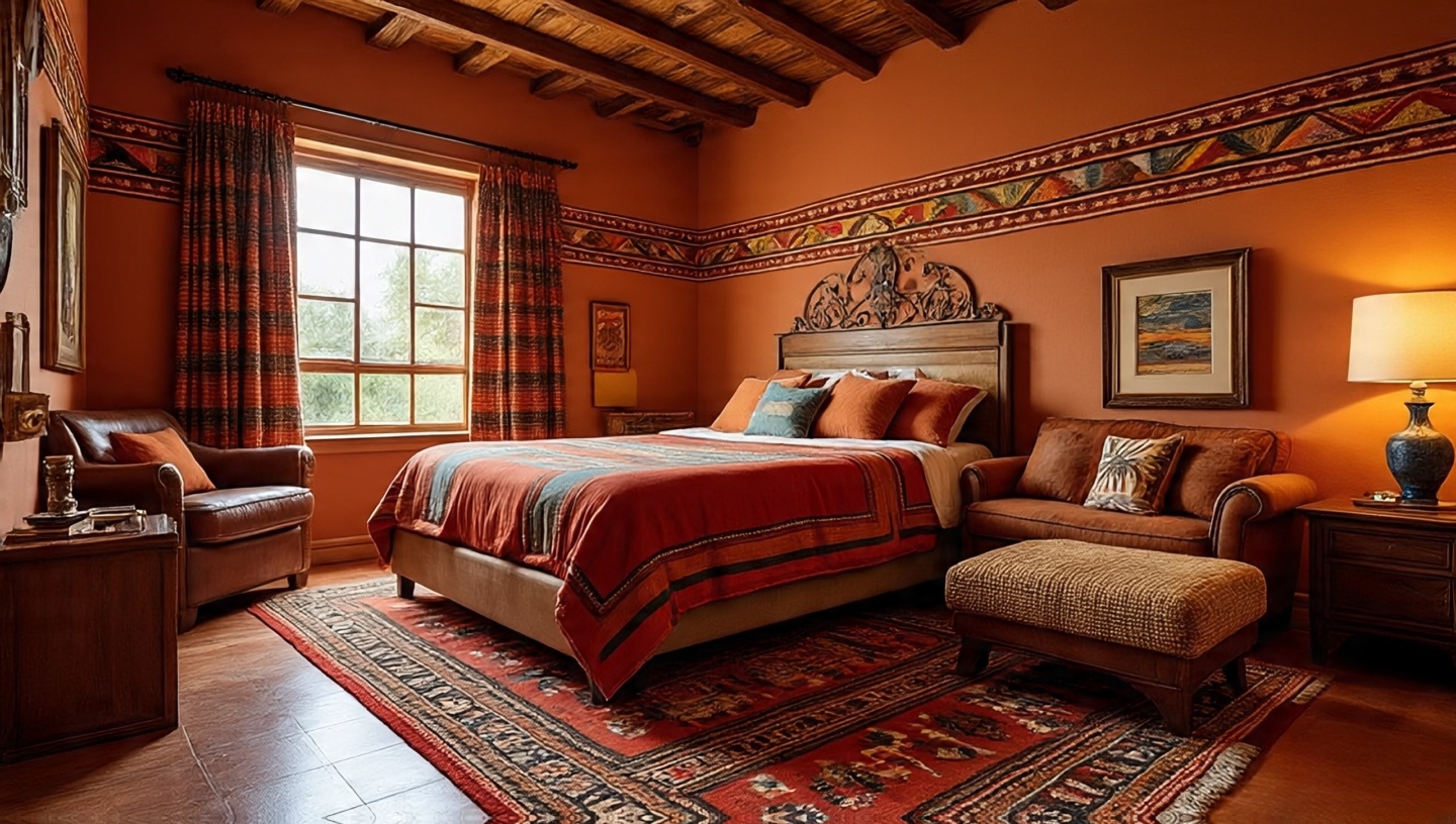 Open studio bedroom blending Southwestern living room elements, terracotta walls and Navajo rug