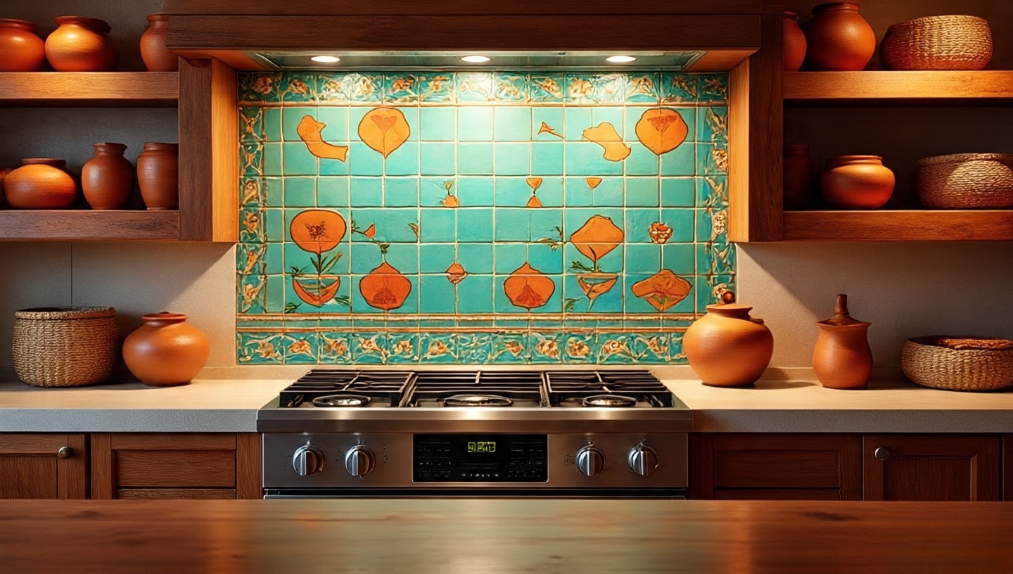 Southwestern kitchen with Talavera tile backsplash and modern stovetop