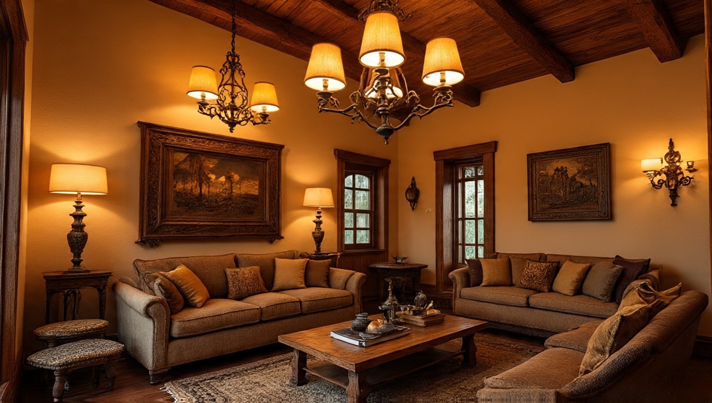 Wrought iron chandelier with amber lighting in Southwestern living room with warm glow