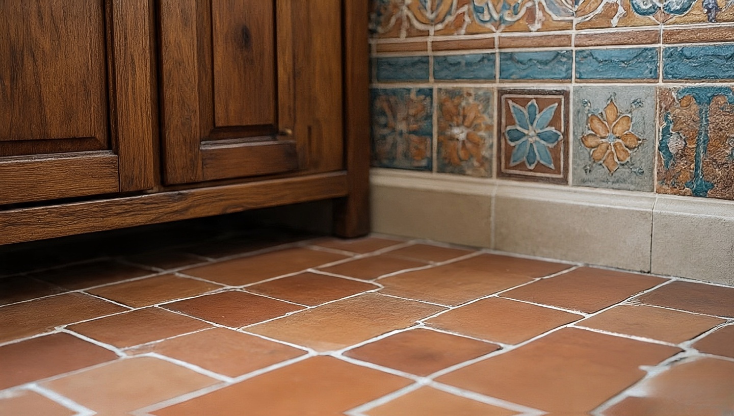 Saltillo terracotta and hand-painted mosaic tiles in rustic Southwestern bathroom
