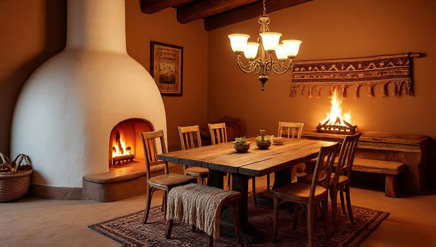 Cozy dining corner with a traditional kiva fireplace in a Southwestern style room