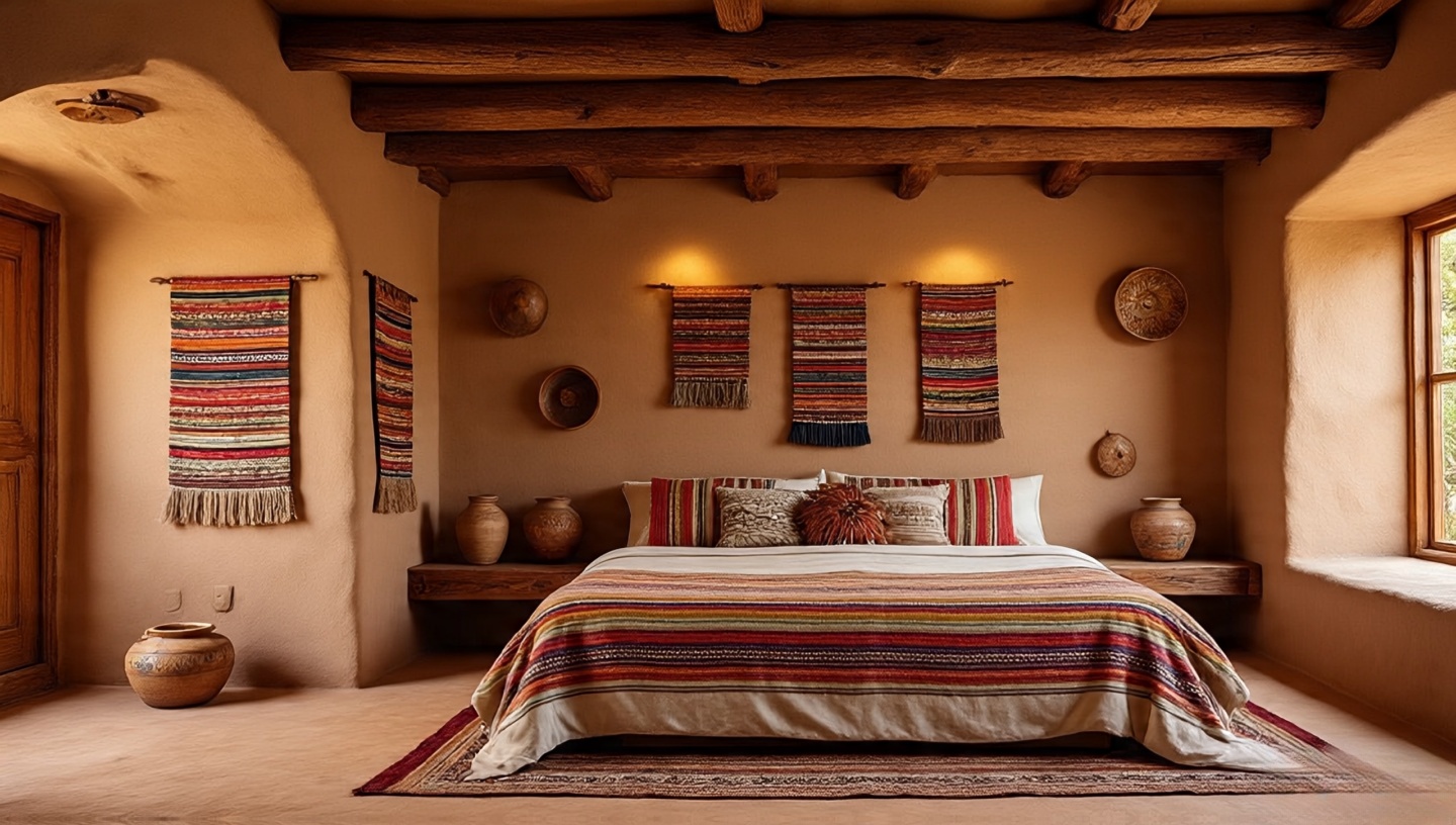 Culturally anchored Southwestern bedroom with artisan textiles, adobe headboard and pottery