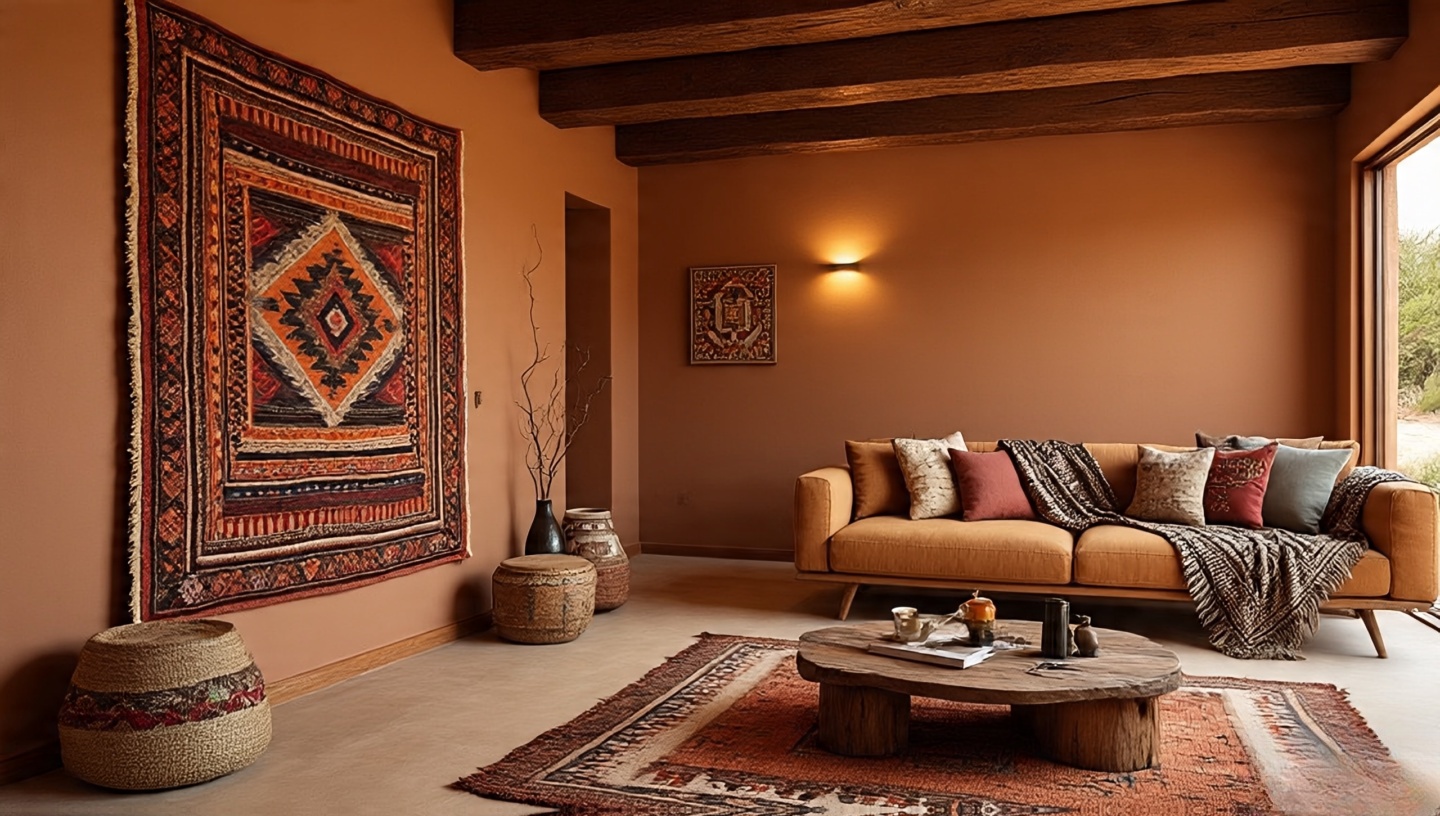 Wall-hung Southwestern rug and draped textile creating an emotional heritage-rich adobe interior