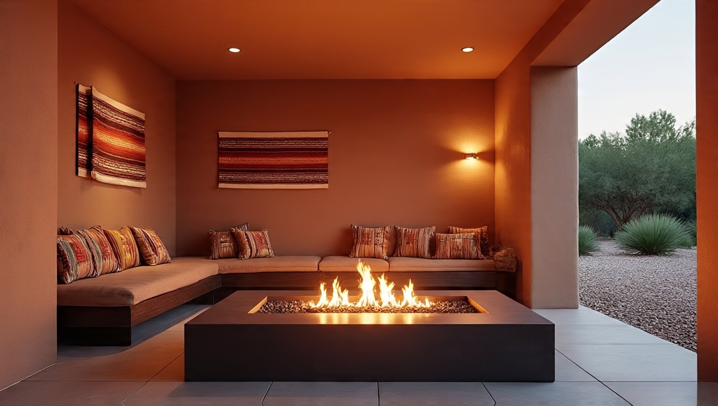 Fire pit framed by adobe details with Navajo textiles and clay pottery reflecting Pueblo Revival roots